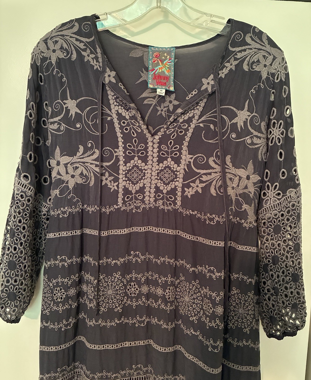Johnny Was Embroidered Gray Eyelet Mini Dress XS
