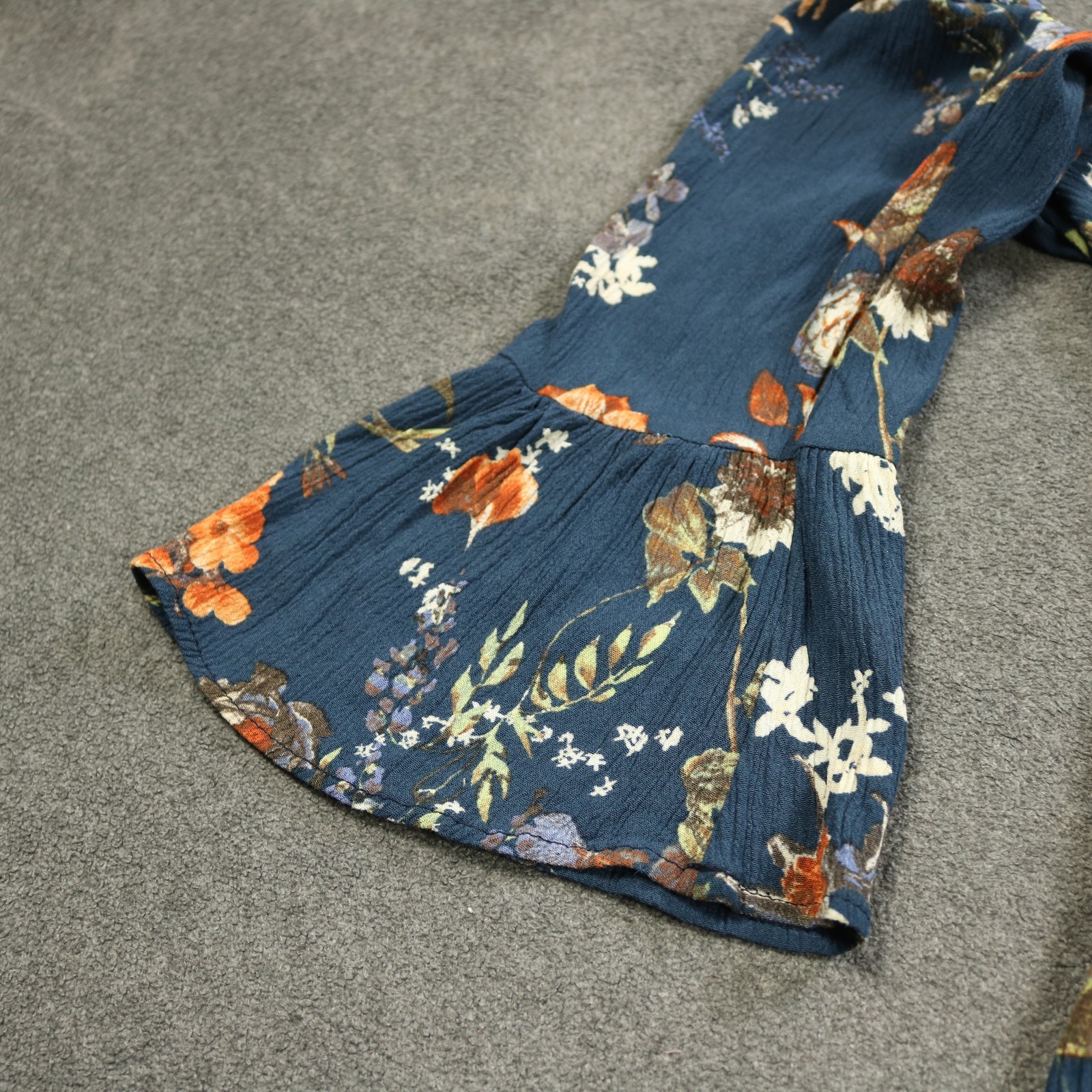 Altar’d State Floral Cold Shoulder Mini Dress Button Neck Bell Sleeve Blue L