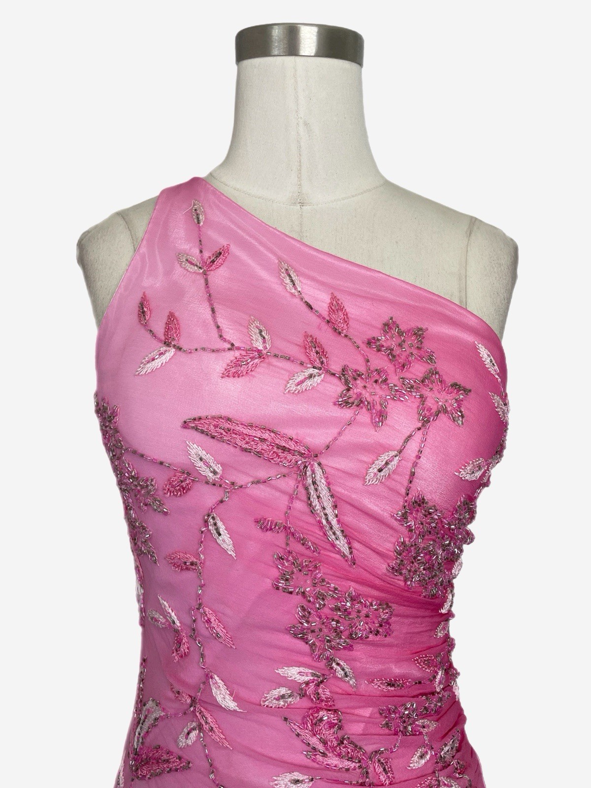 Vintage Y2K Cache Pink white silk ombre floral beaded asymmetric dress fairy XS