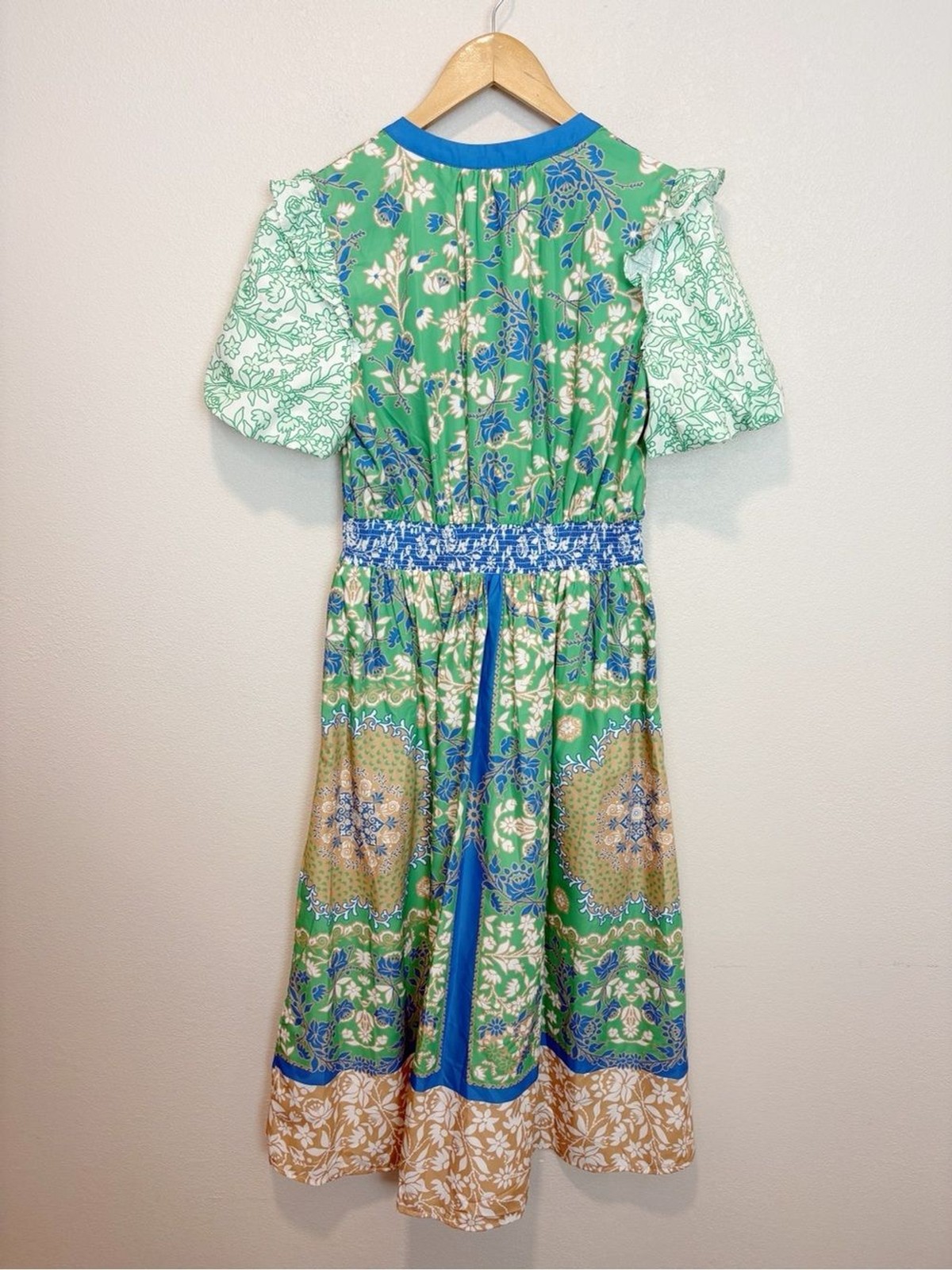 NEW Current Air Green and Blue Patchwork Floral Midi Dress Puff Sleeve Small