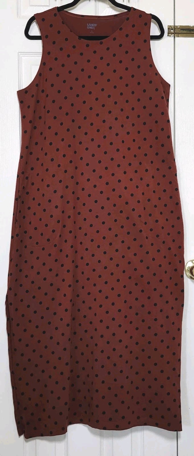 Lands End Womens Rust Red Polkadot Sleeveless Maxi Dress Side Slit Pockets Sz L