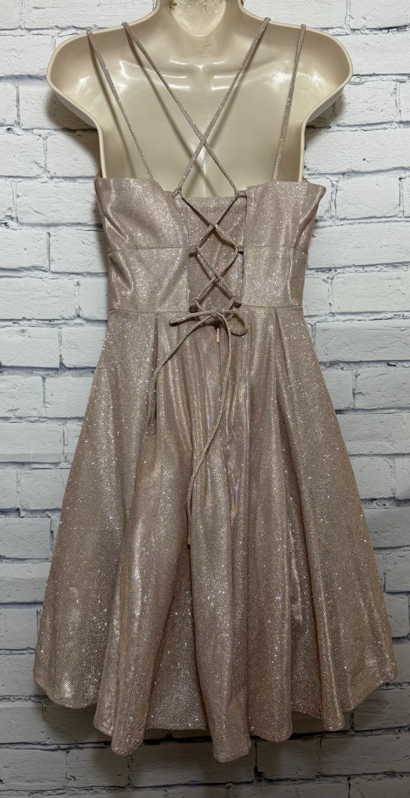 Dancing Queen Jrs Medium Double Strap Glitter Dress Lined Lace Up Back Rose Gold
