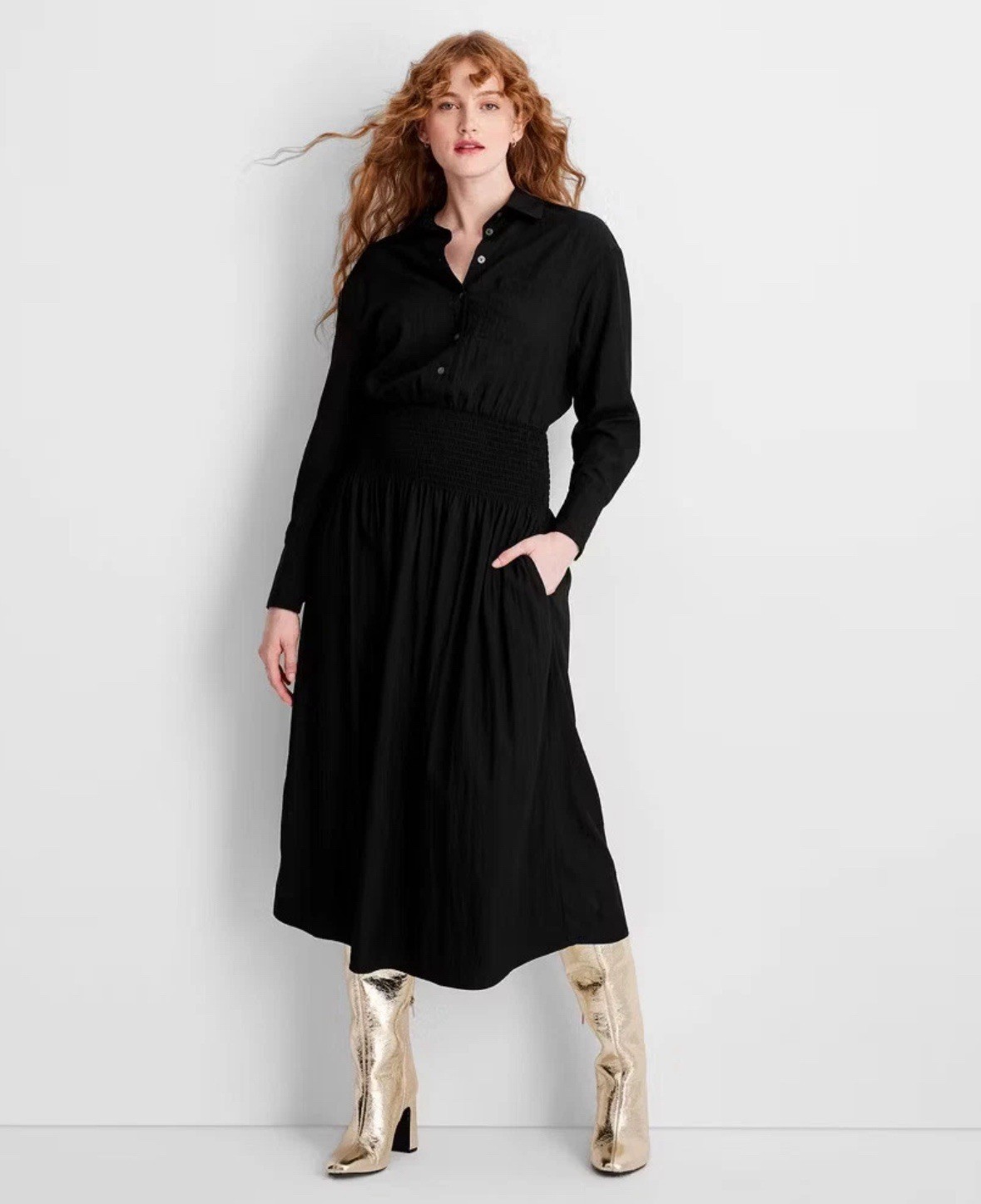 NEW Future Collective Women’s XS Collared Long Sleeve Smocked Midi Shirtdress