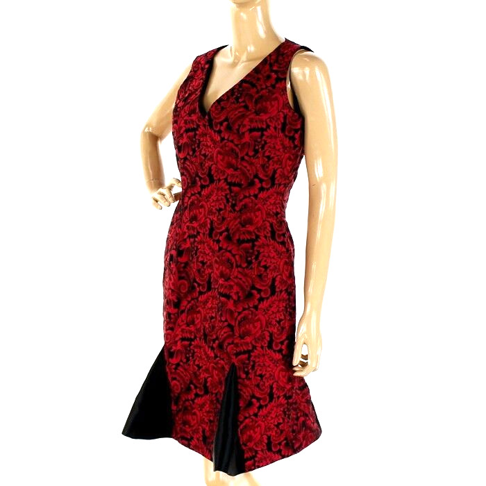 B Michael ~ Red & Black Jacquard V-Neck Flounce Party Dress 6 NEW $275