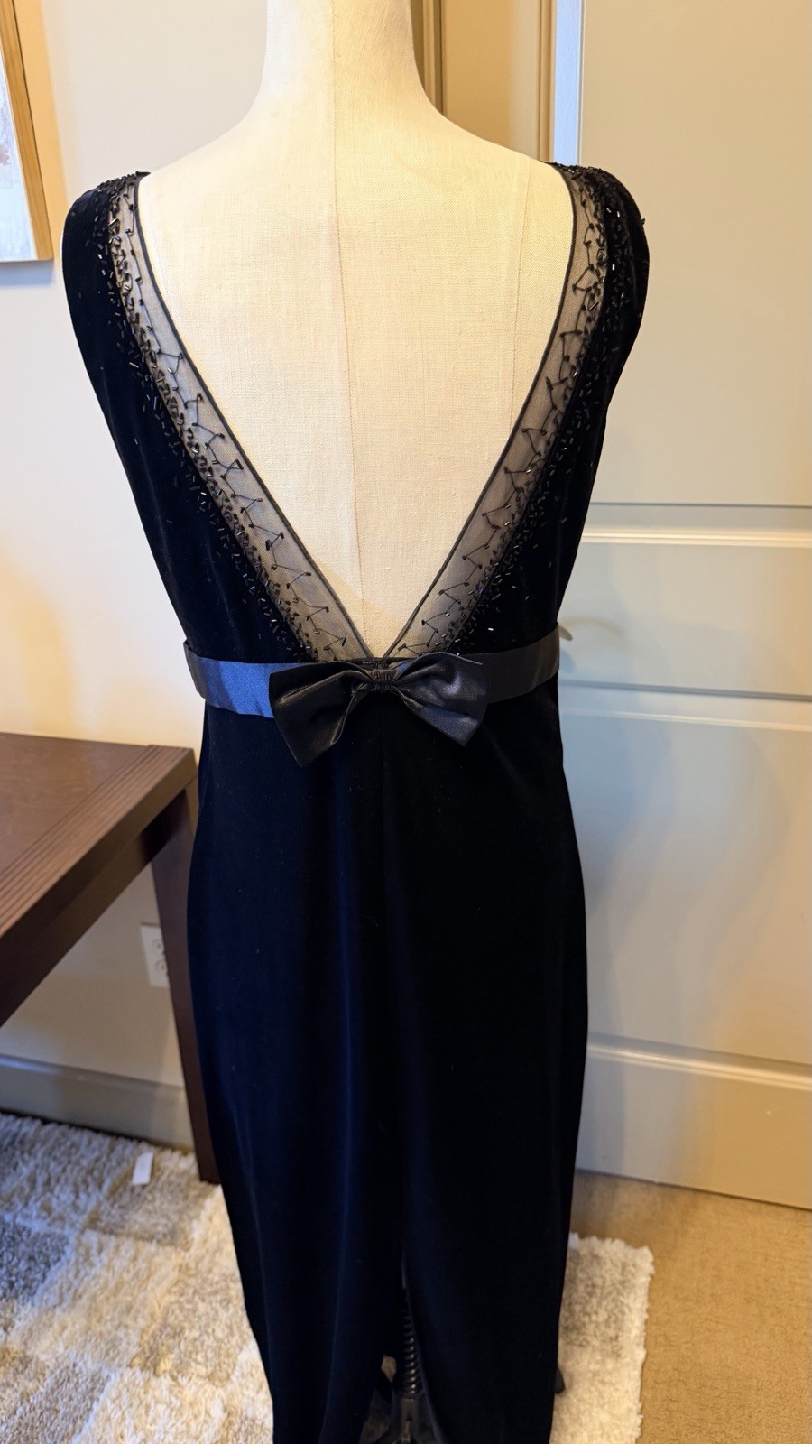 Molly Malloy Evening Black Beaded Bow Open Back Scoop Neck Maxi Dress 6