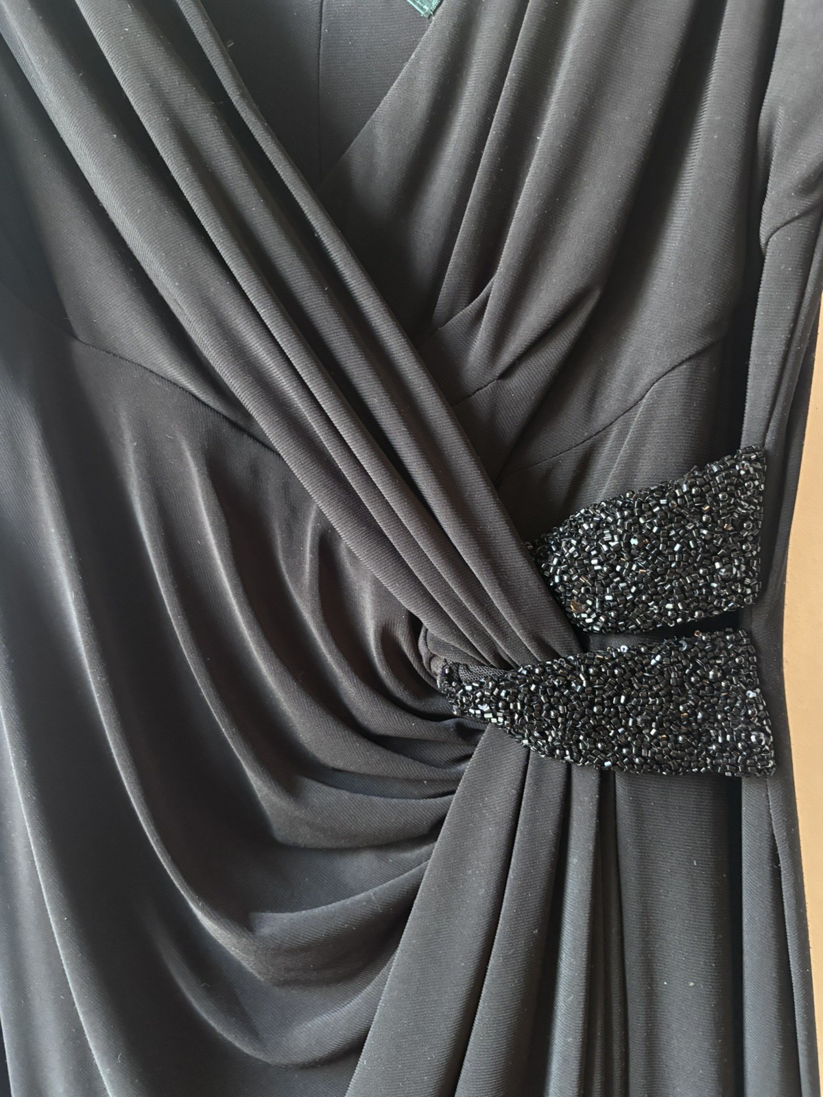 Lauren Ralph Lauren Evening Black V-Neck Gown Faux Wrap Beaded Accent Size 8 P