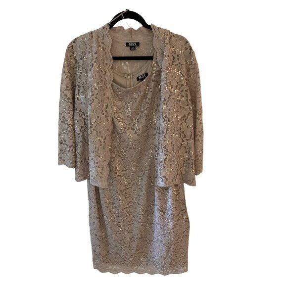 NWT SLNY Women’s Petite 2-Pc. Lace Jacket & Midi Dress Set Champagne 12P