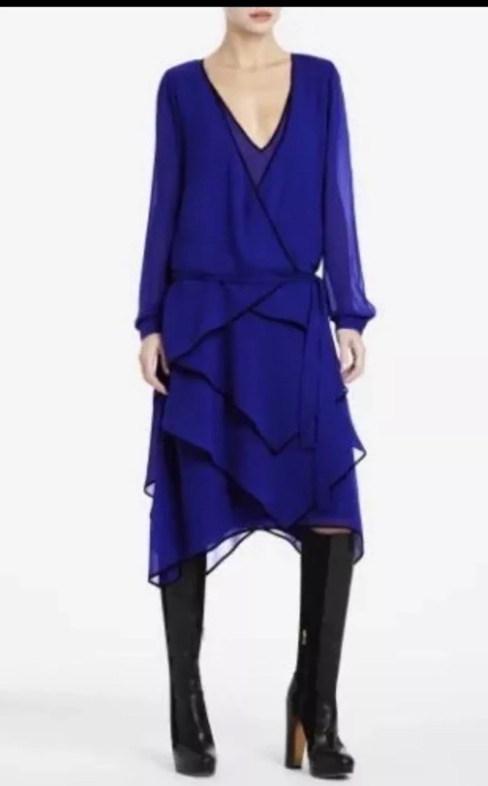 NWT $428 BCBGMAXAZRIA RUNWAY LYDIA LARKSPUR BLUE DRESS Layered Sheer sz XXS Sz 0