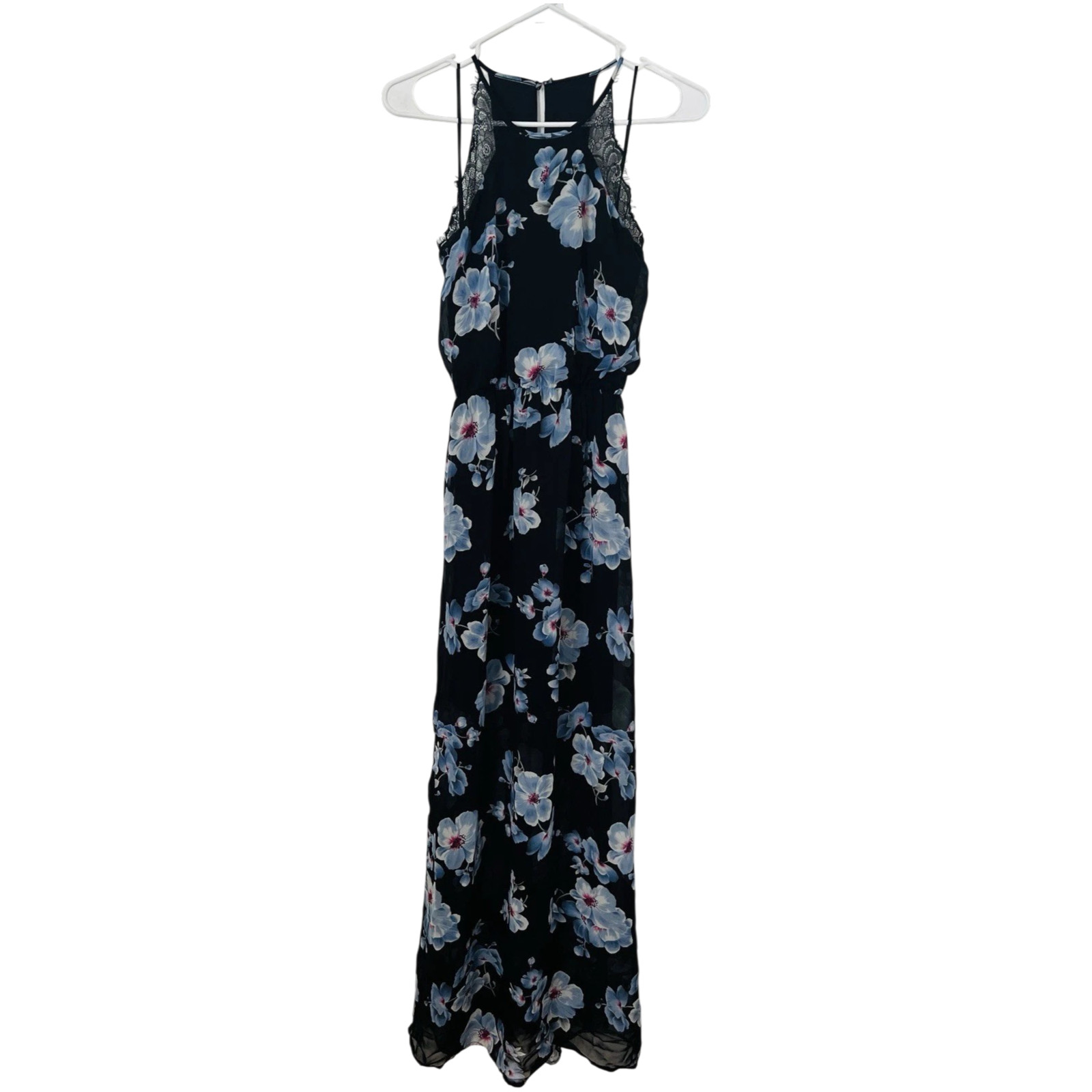 Sienna Sky Womens Juniors M Halter Maxi Dress Sheer Lined Slit Side Floral Black