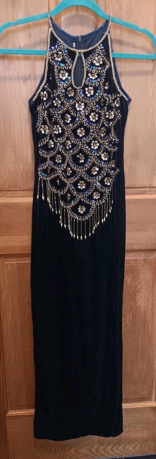 Blue Velour Beaded/Sequin Fringe Halter Formal Dress Sleeveless Long women:M