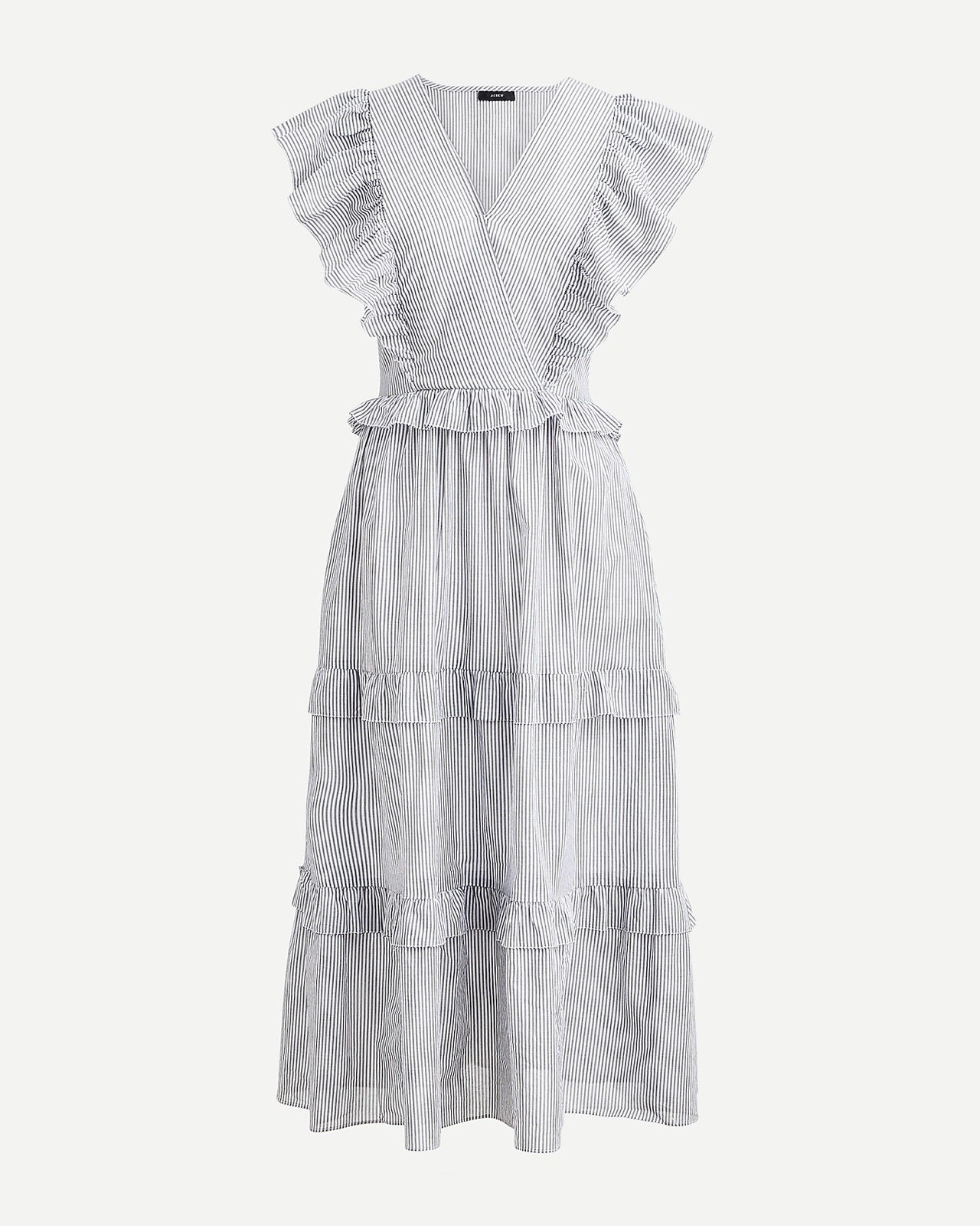 J Crew Striped Ruffle Sleeve Cotton Voile Tiered Dress Pockets M
