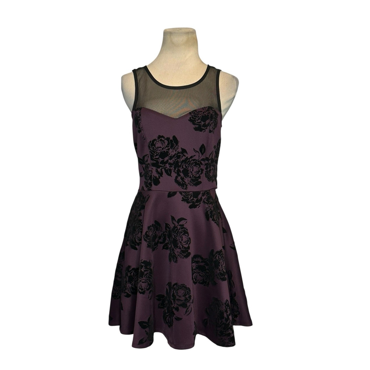 Trixxi purple black floral fit and flare mini dress size junior Small