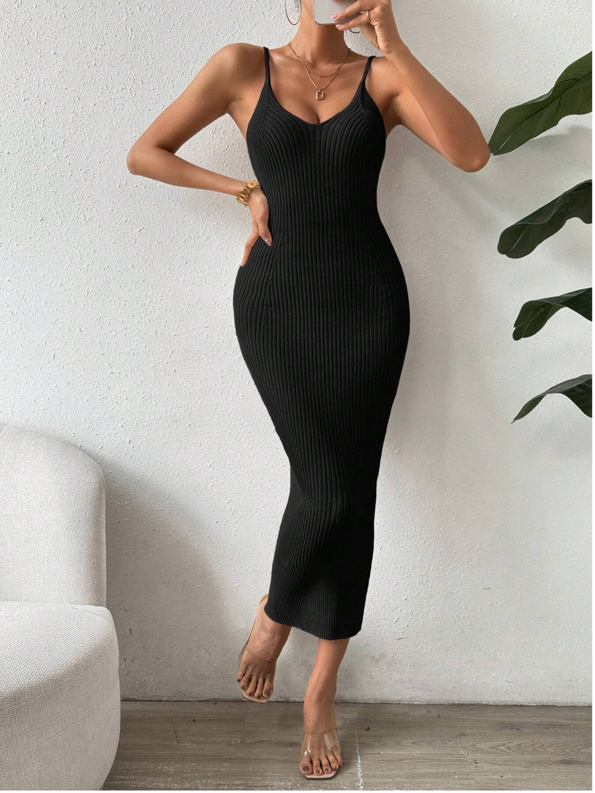 Black Clasi Casual Solid Color Slim Fit Knit Tank Dress Sz XS S M L