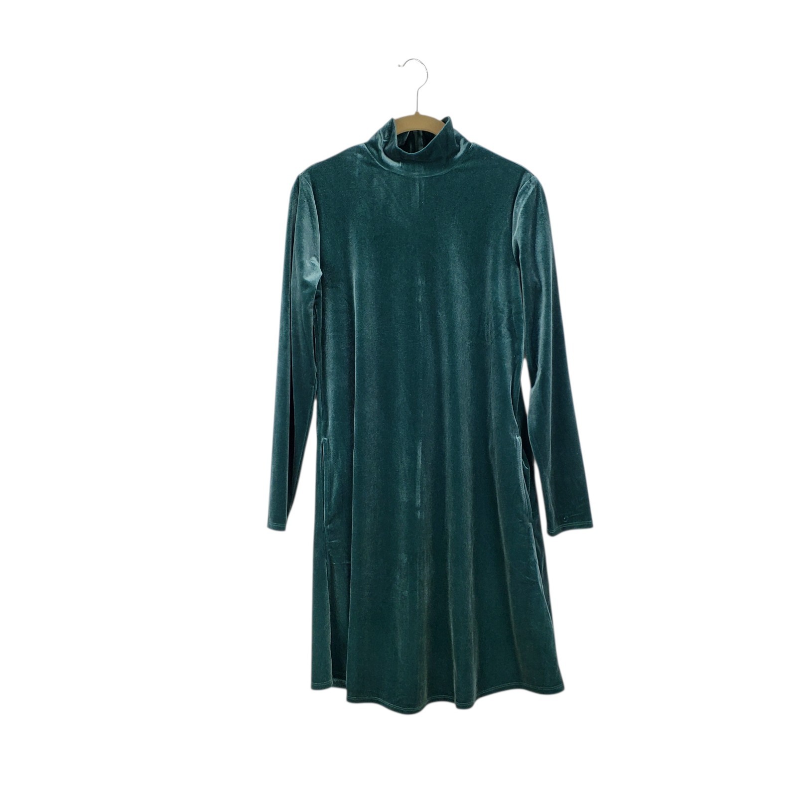 Lands End Green Velvet Dress Long Sleeve Mock Neck A-Line Womens Size XS