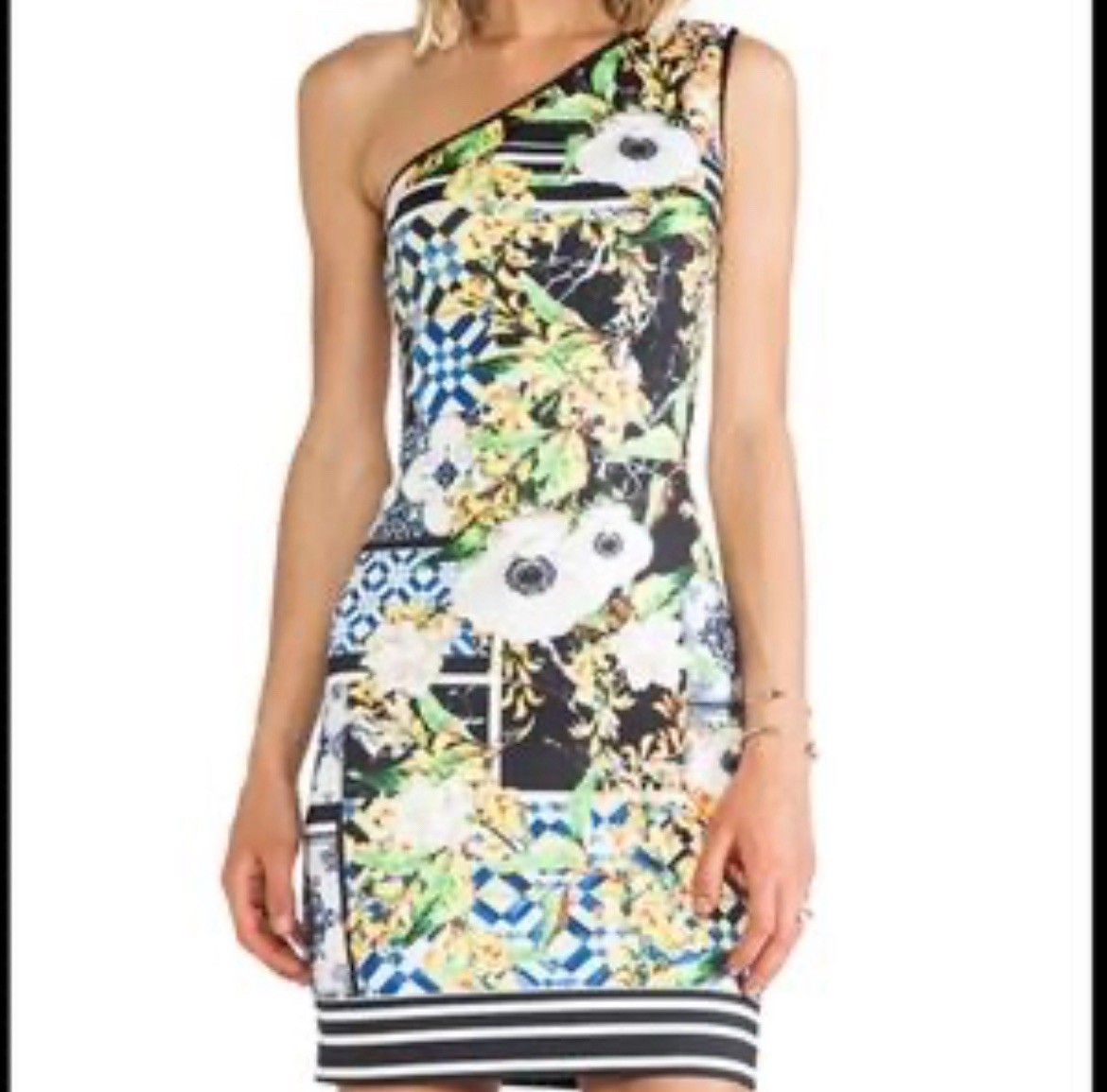 CLOVER CANYON Multicolor Floral Geometric One Shoulder Sheath Mini Dress Sz XS