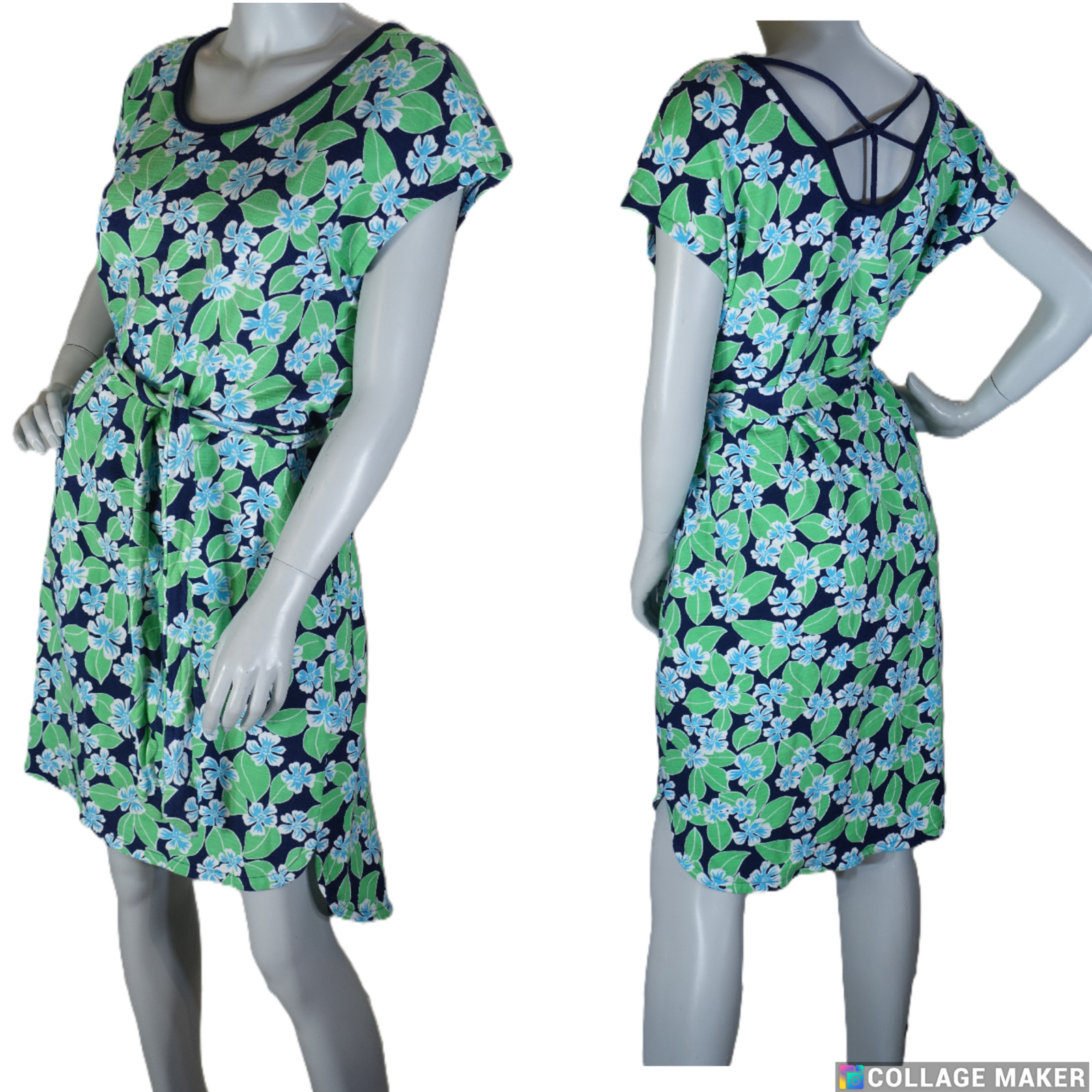 TALBOTS~MINT!!~NAVY/GREEN FLORAL UPF 50+ TIE BELT PEEK-A-BOO BACK DRESS SZ:XLP
