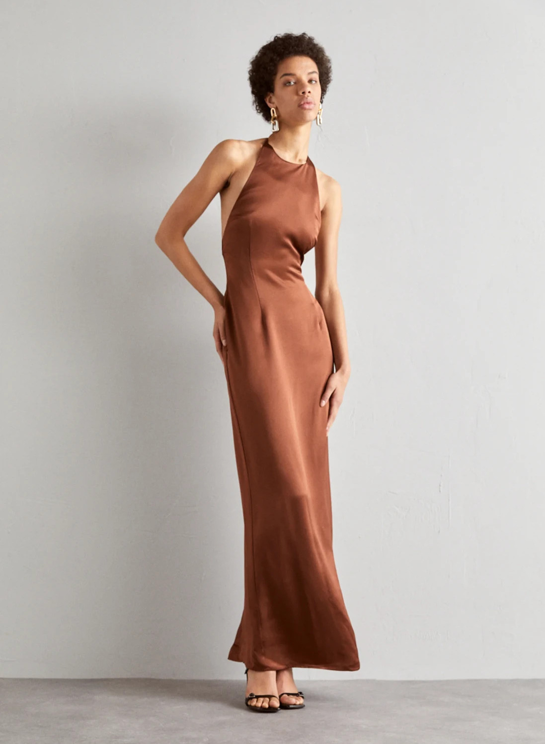 NWT $475 STAUD Janet Satin Halter Maxi Dress in Clove 12