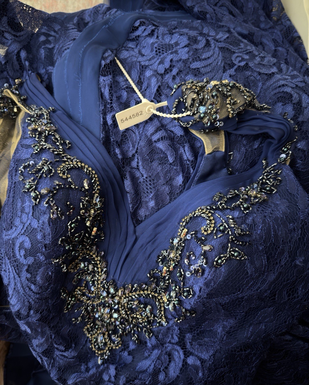 Mac Duggal Iridescent Ruffle Sequin Beads Ruffle Maxi Mermaid Lace 10 Blue Dress