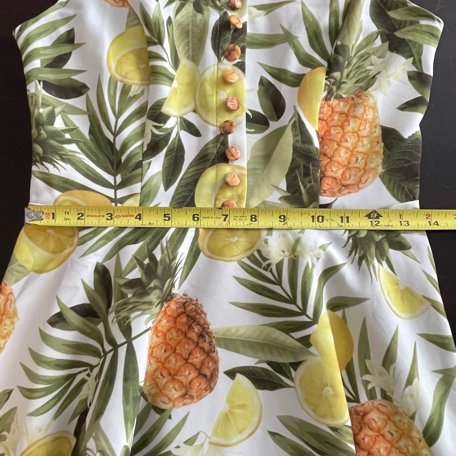 Tropical Pineapple Lemon Fruit Print Fit Flare Dress Sleeveless Rockabilly White