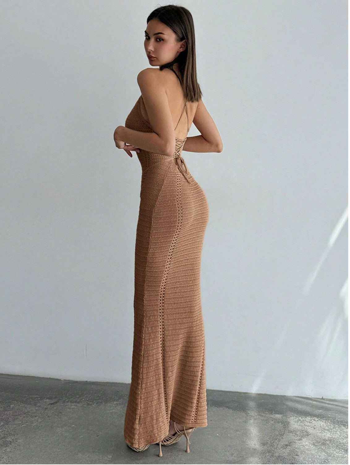 Aloruh Chic Camel Autumn Vacation Dress For Women,Elegant Deep V Neck HollowOut