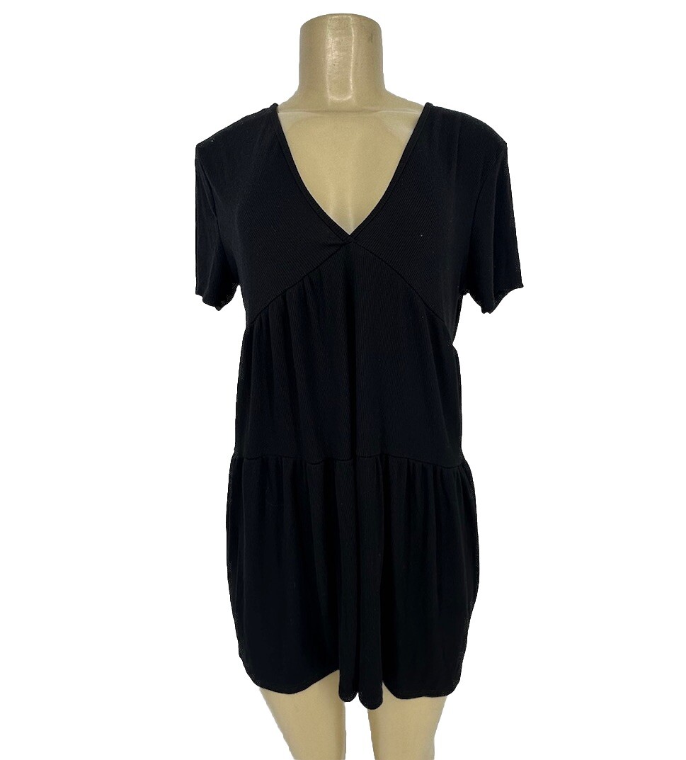 21 Saints Medium Tiered Shift V-Neck Mini Short Sleeve Dress Cover Up Black D12v