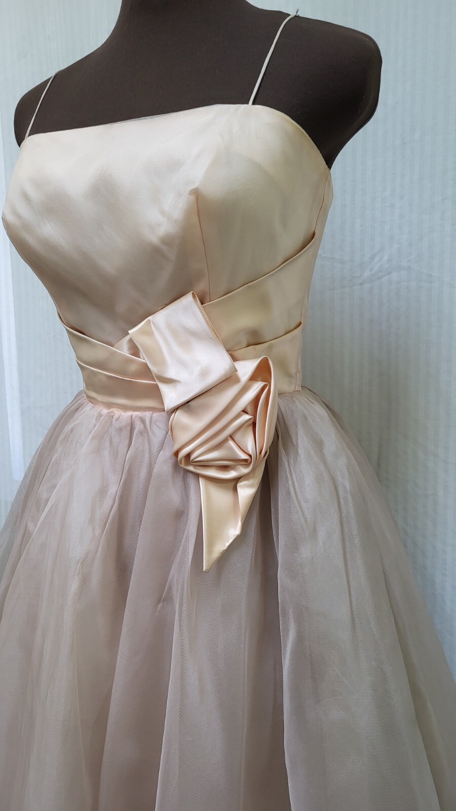 Vintage 1950s Peach Satin Dusty Rose Organza Tulle Party DRESS Size S G2U