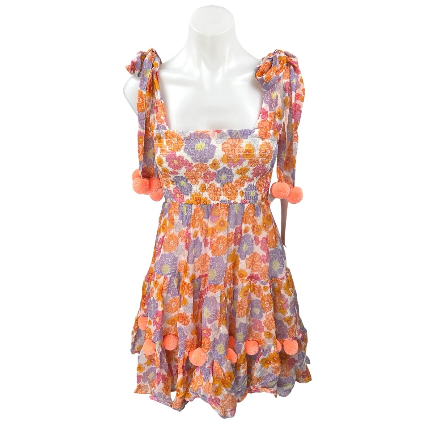 NEW Sundress Pippa Floral Orange Sleeveless Pom Pom Mini Fit & Flare Dress XS