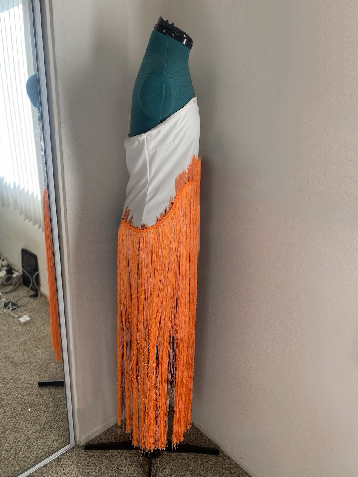 Multi-Colored Strapless White Fringe Midi Dress with Neon Orange & Navy M