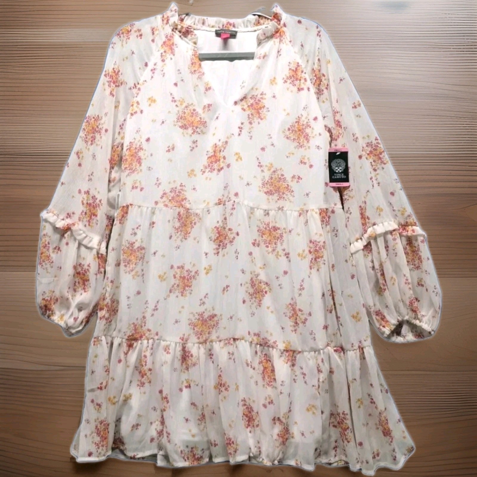 Vince Camuto Floral Dress Womens Sz S White Pink Ruffled Balloon Sleeve NWT