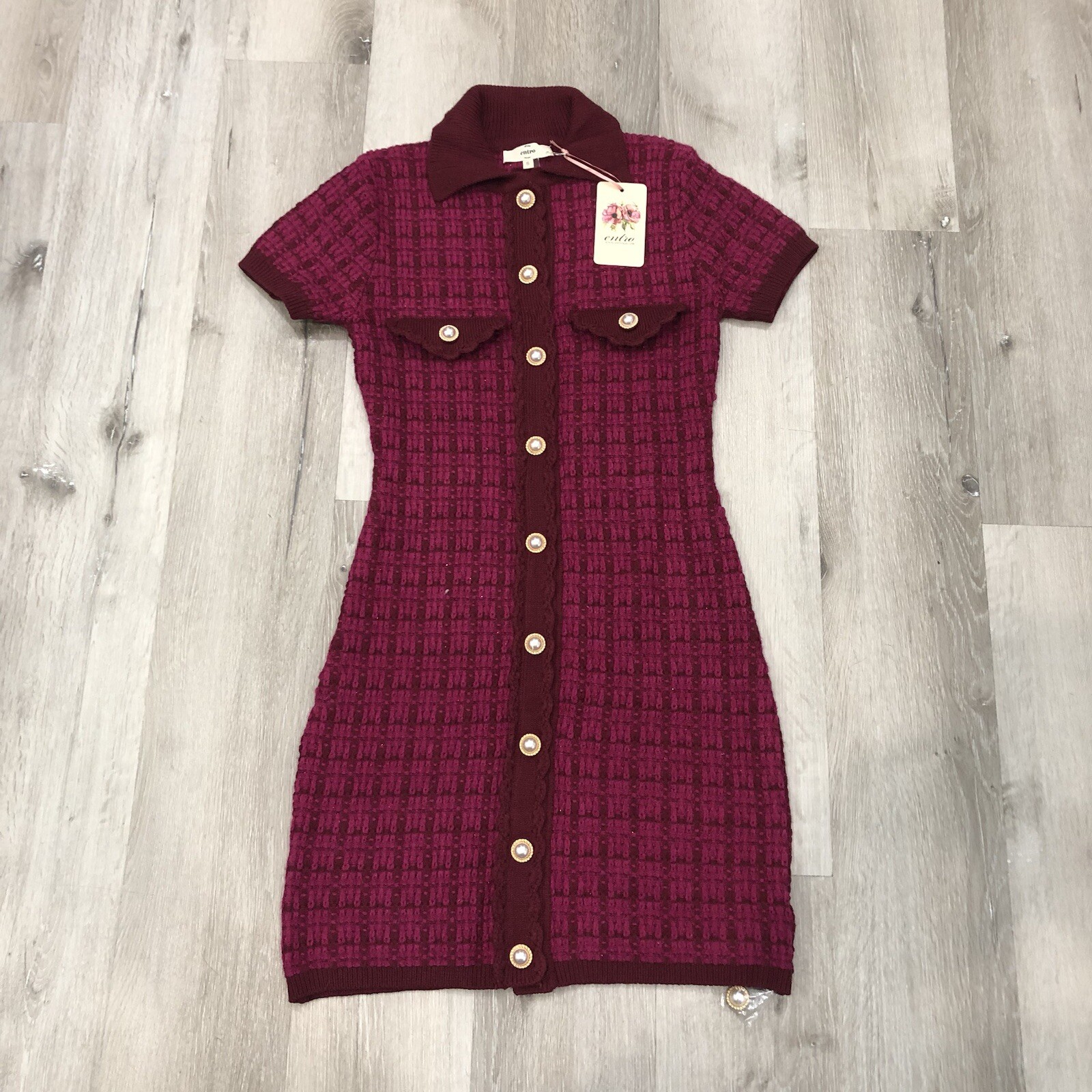Entro Short-Sleeve Collared Maroon And Pink Button Down- Size S
