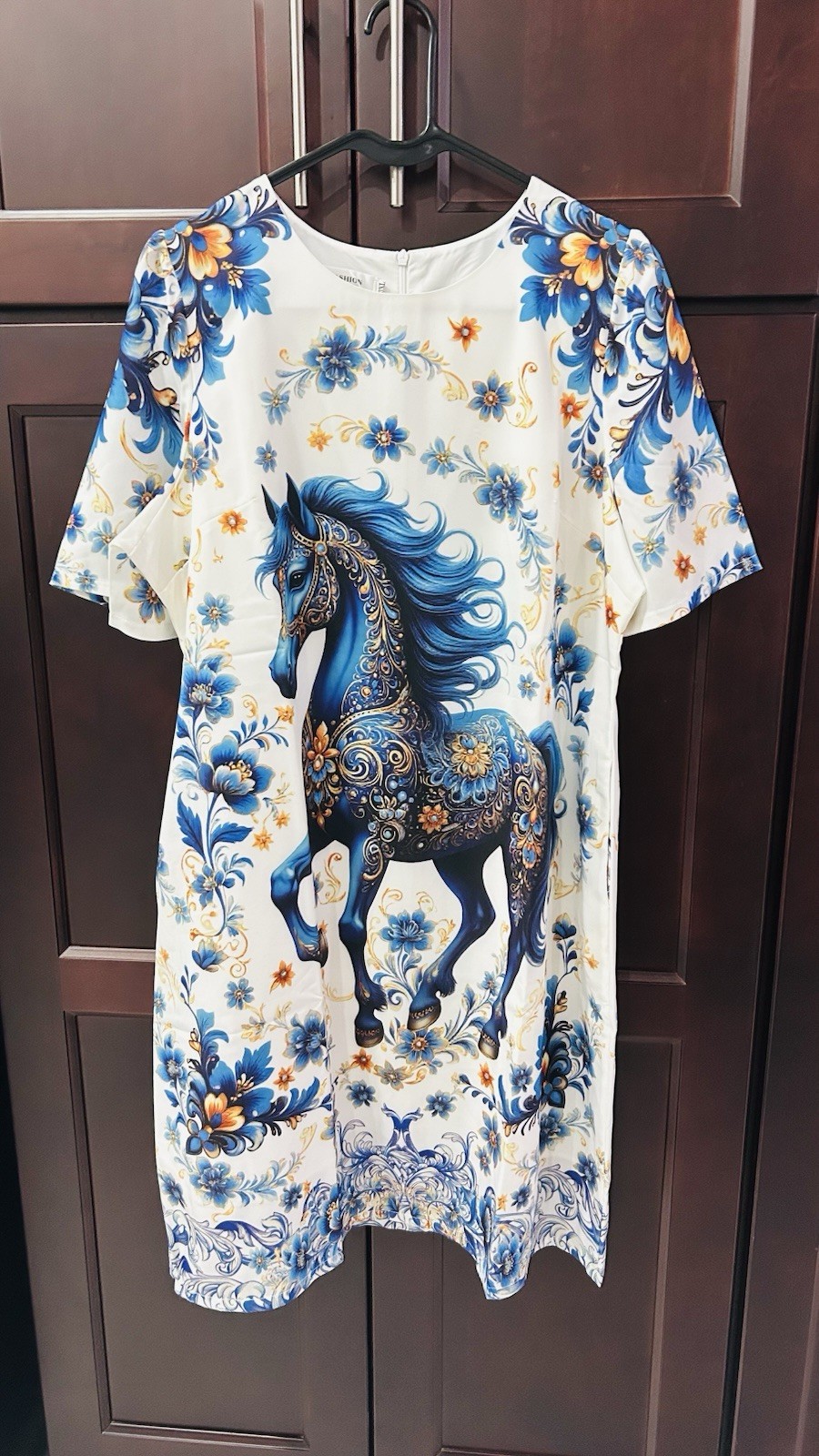 Women’s White/Blue/Gold Floral Horse Print Shift Dress Short Sleeve XL Zip