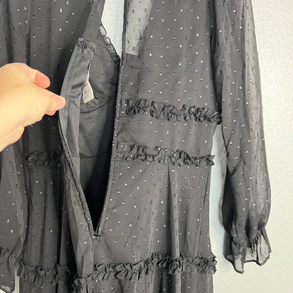 B. Smart Long Sleeve V-Neck Ruffle Mini Dress Size 5 Flowy Semi-Sheer