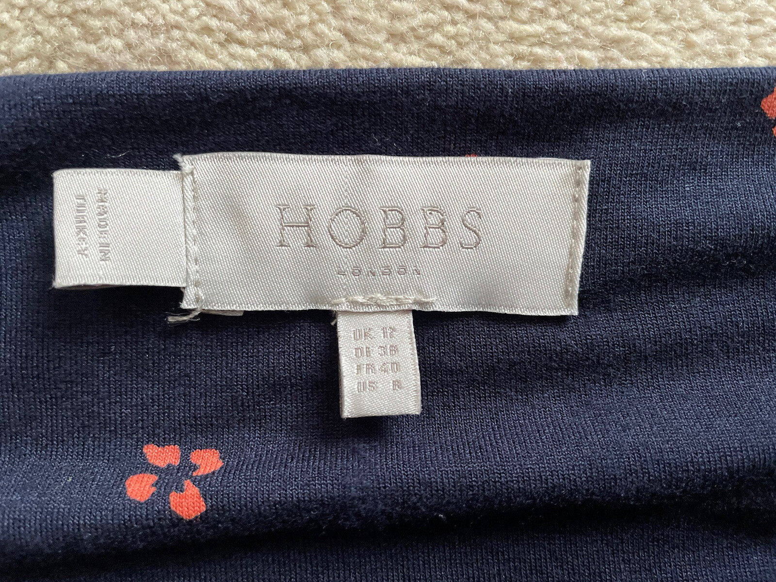 FAB Hobbs Navy Blue Orange Random Simple Floral Print Jersey Dress Size 12 VGC