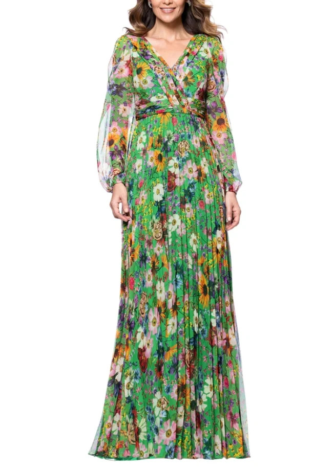 Betsy & Adam Green Multi Floral-Print Pleated Sheer Sleeves Gown Size 2P $279