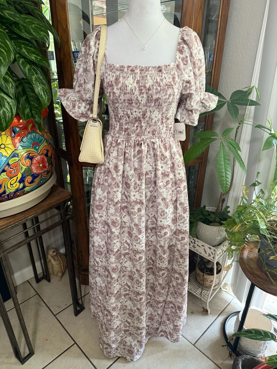 Altar’d State Mocha Floral Smocked Puff Sleeve Maxi Dress
