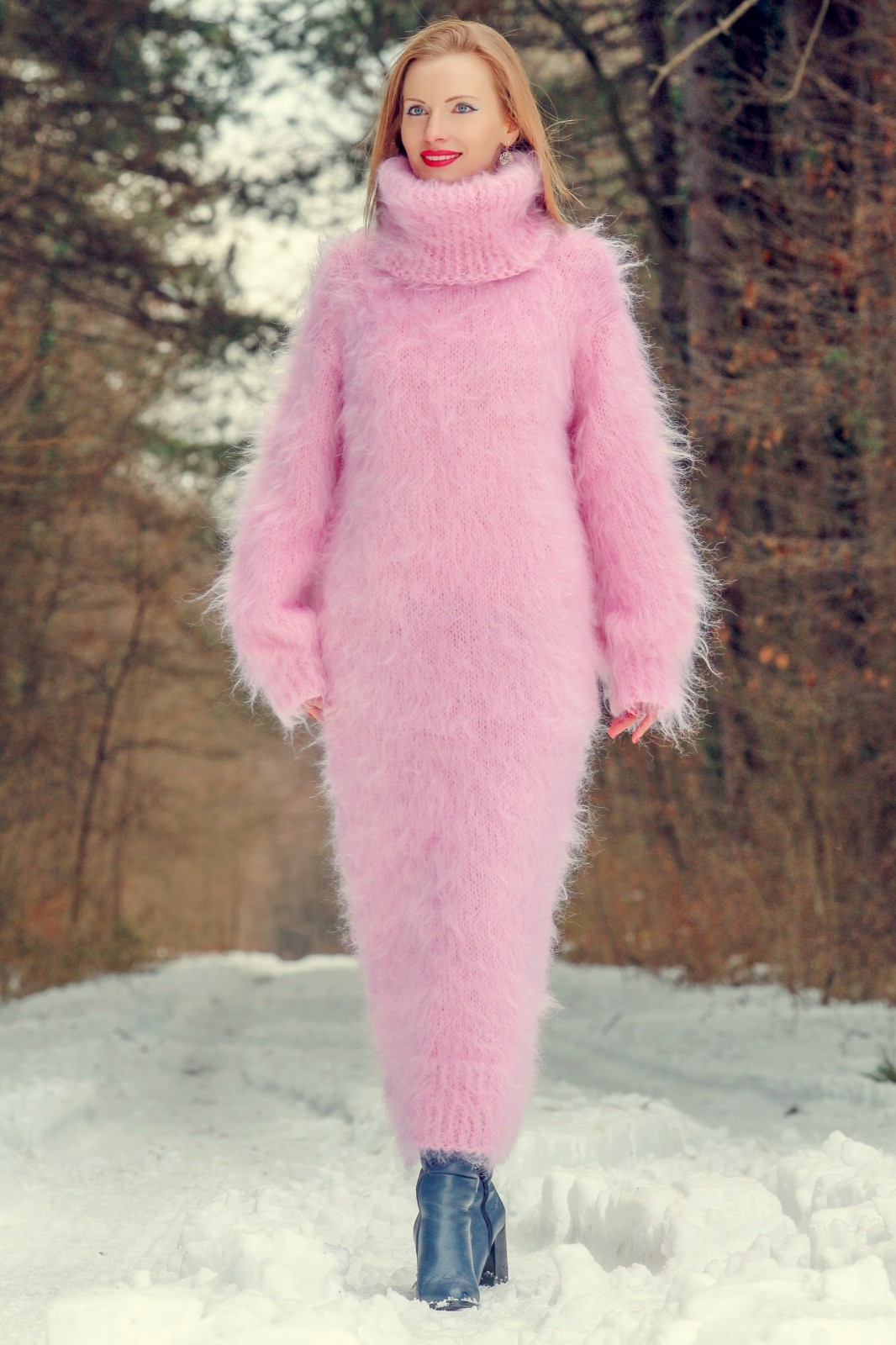 SuperTanya pink mohair dress fuzzy handmade long sweater ready to ship size L-XL