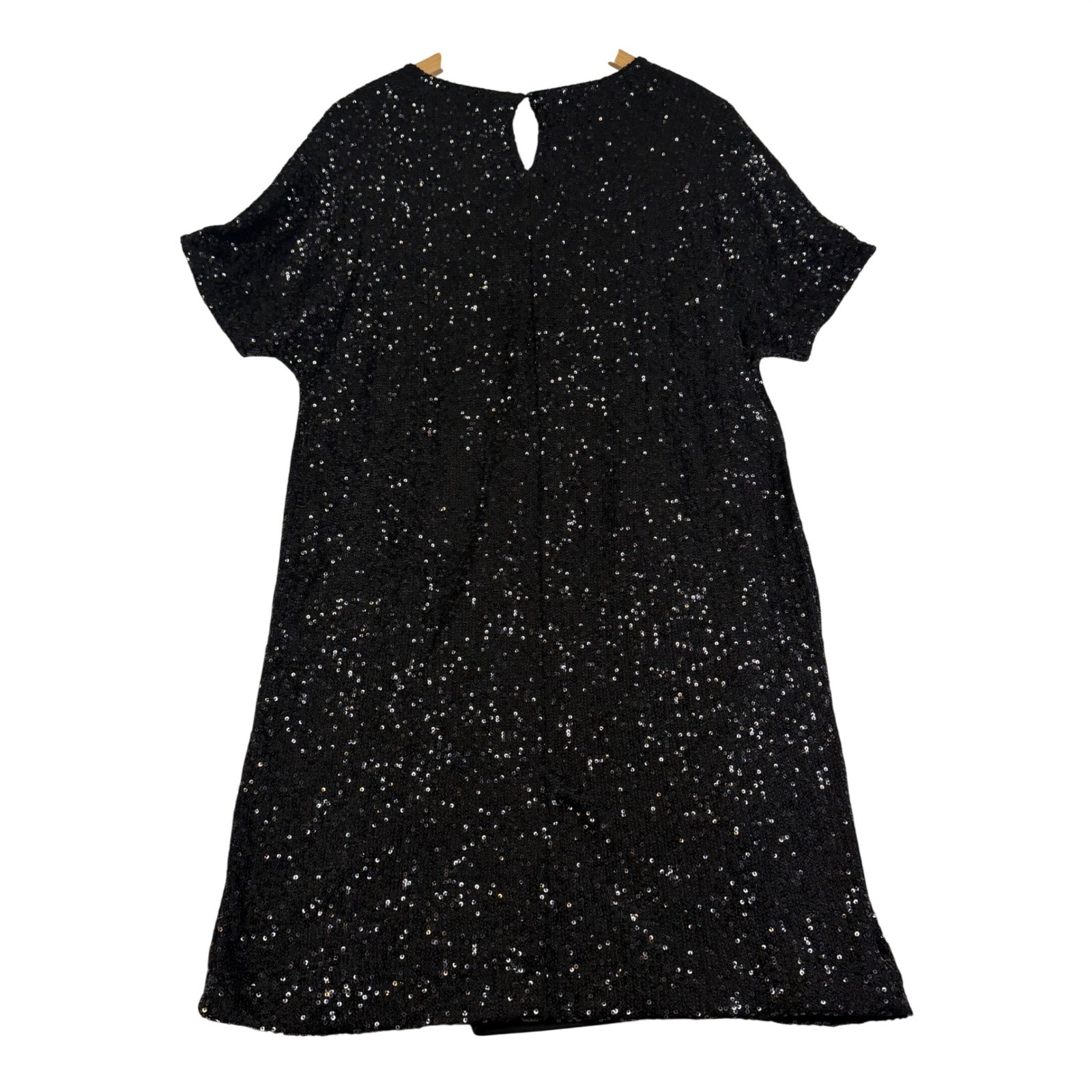 Hilary Radley Black Sequin Short Sleeve V-Neck Shift Dress CO4478L-48F Small NEW