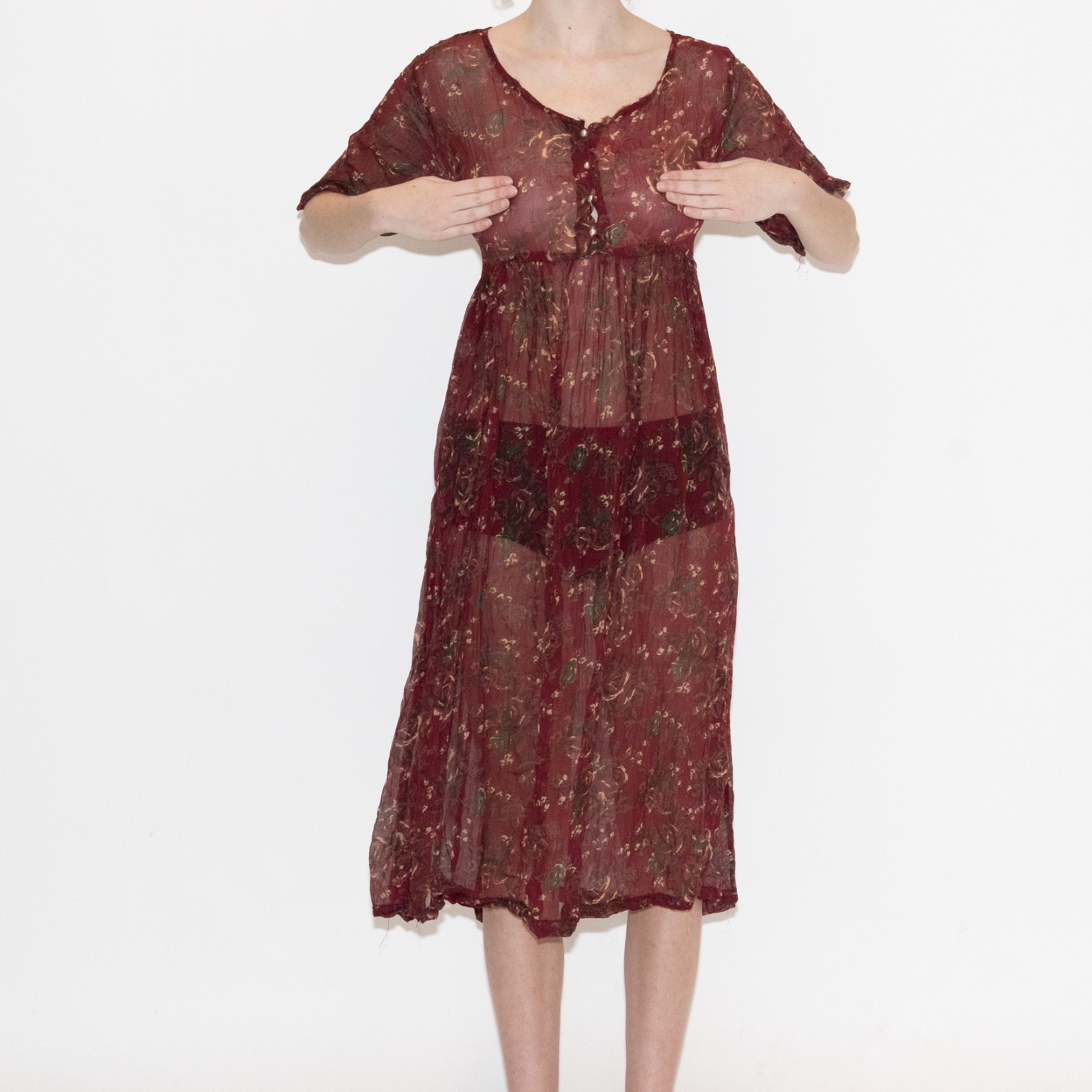 Vintage mesh midi dress flower print button top size banjara size medium rayon