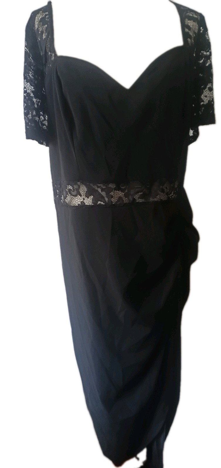 BNWOT Black Rouched Dress With Lace Short Sleeves, Waist & Shoulders Size 24