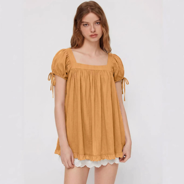 Ladies Summer Casual Square Neck Shirt Short Sleeve Tie Knot Ruffle Blouse Dress
