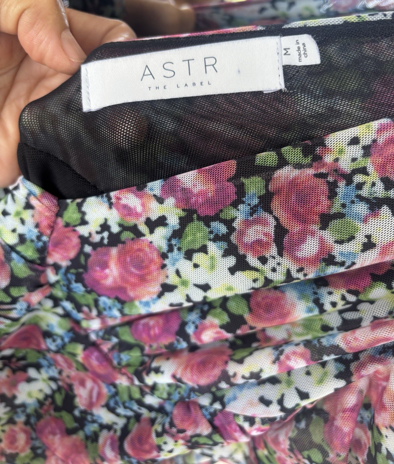 ASTR The Label Pink Floral Ruched V-Neck Puff Long Sleeve Bodycon Dress M