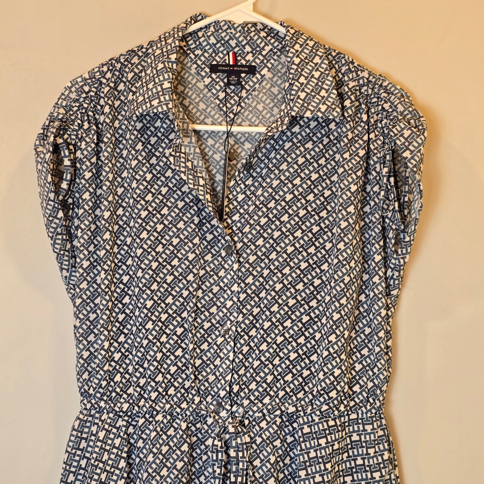 Tommy Hilfiger Dress Monogram Chiffon Midi NWT Womens XS Short Sleeve Blue