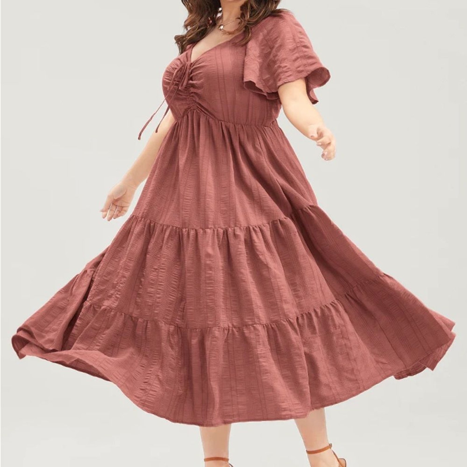 Plain Ruched Drawstring Pocket Ruffle Tiered Dress