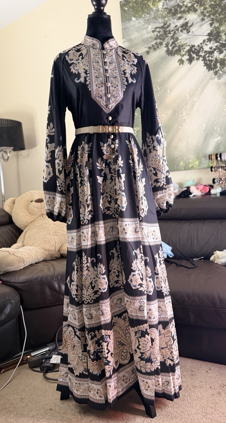 Women’s One Size Black Beige Blue Floral Satin Maxi Mandarin Collar Button Belt