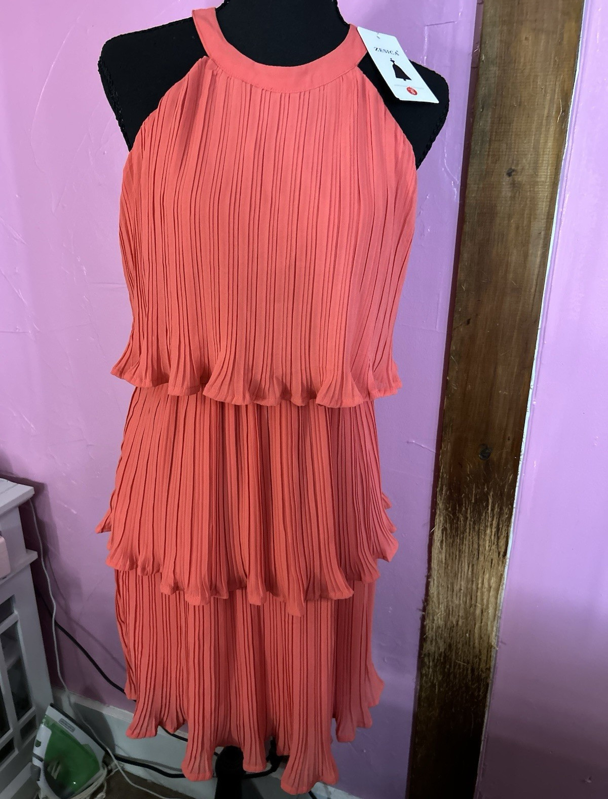 ZESICA Orange Halter Neck A-Line Pleated Tiered Ruffle Knee Dress, S