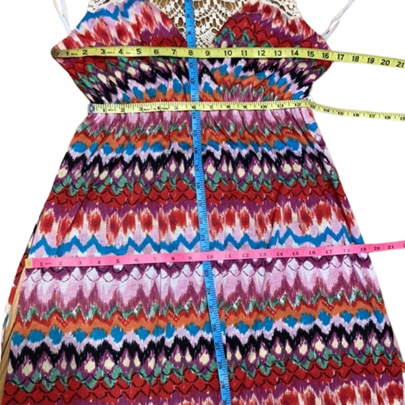 Karlie Red Maxi Dress Medium Multicolor Crochet Open Back Boho Festival Chevron