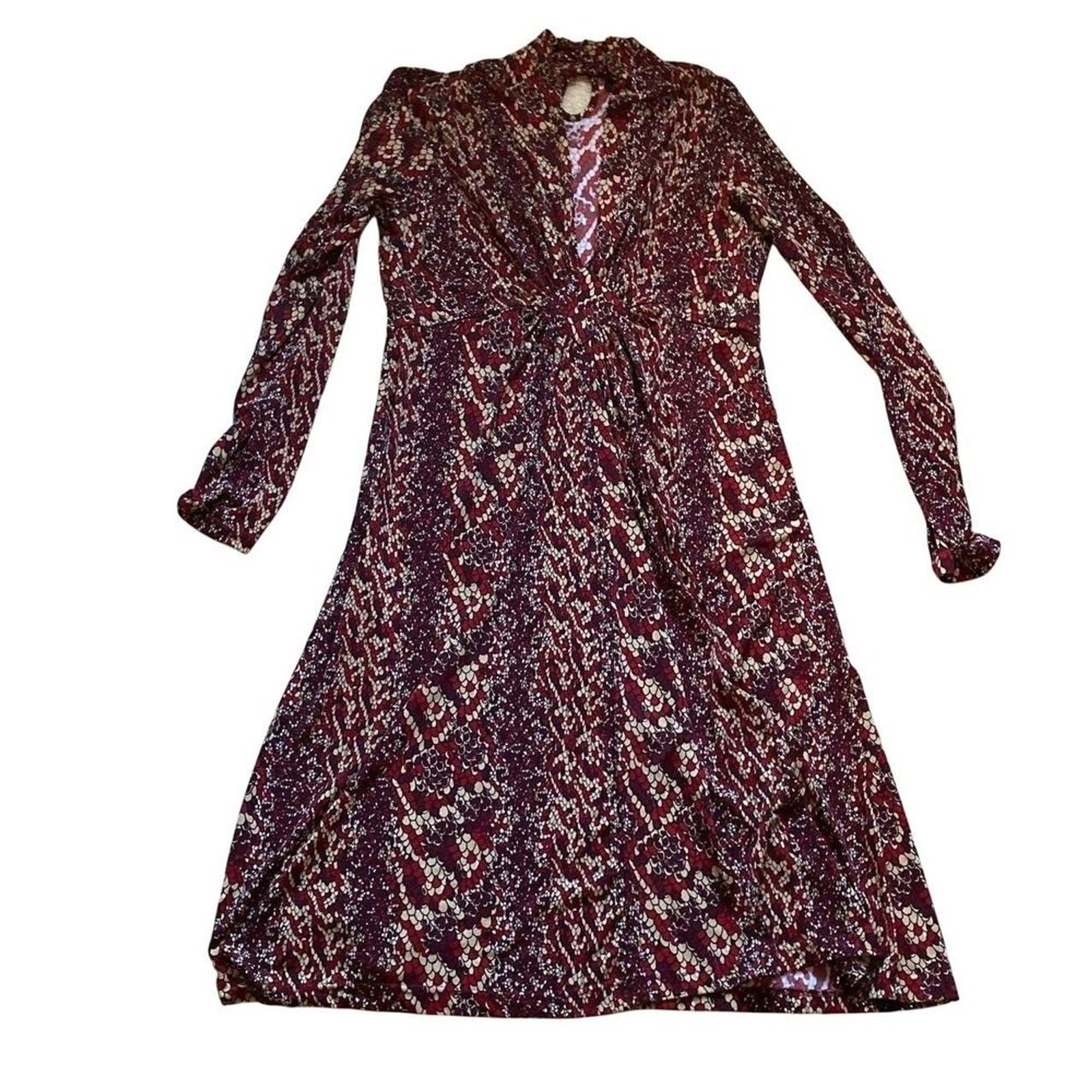 BCBG Burgundy Snakeskin Print V-Neck Long Sleeve Midi Dress Womens Large L
