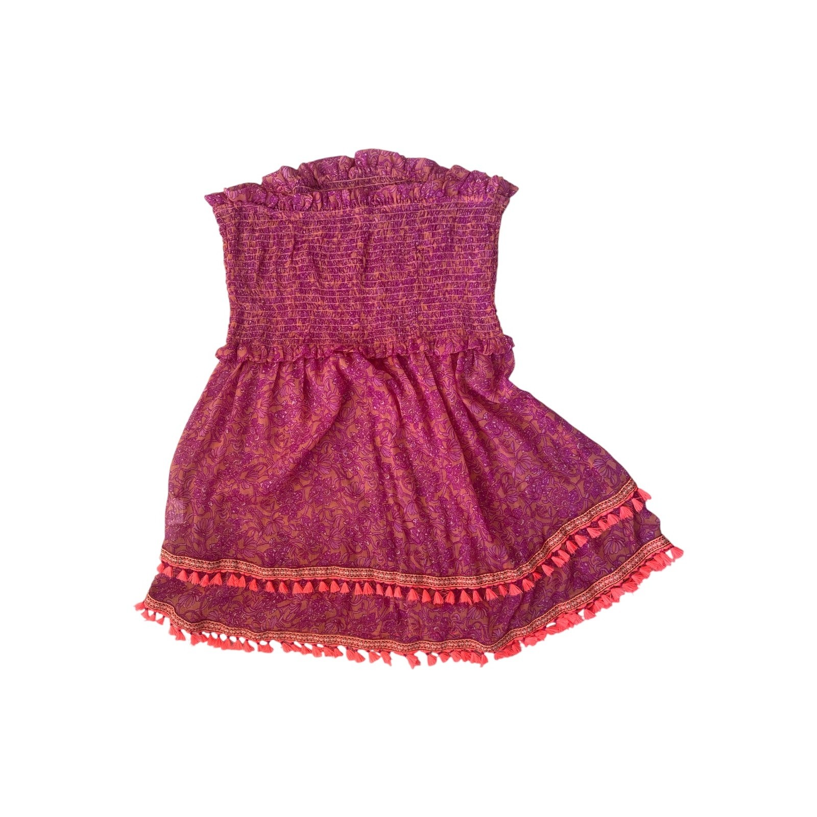NWOT Ramy Brook NY Sheer Smocked Strapless Tassel Mini Dress Fuchsia Floral M
