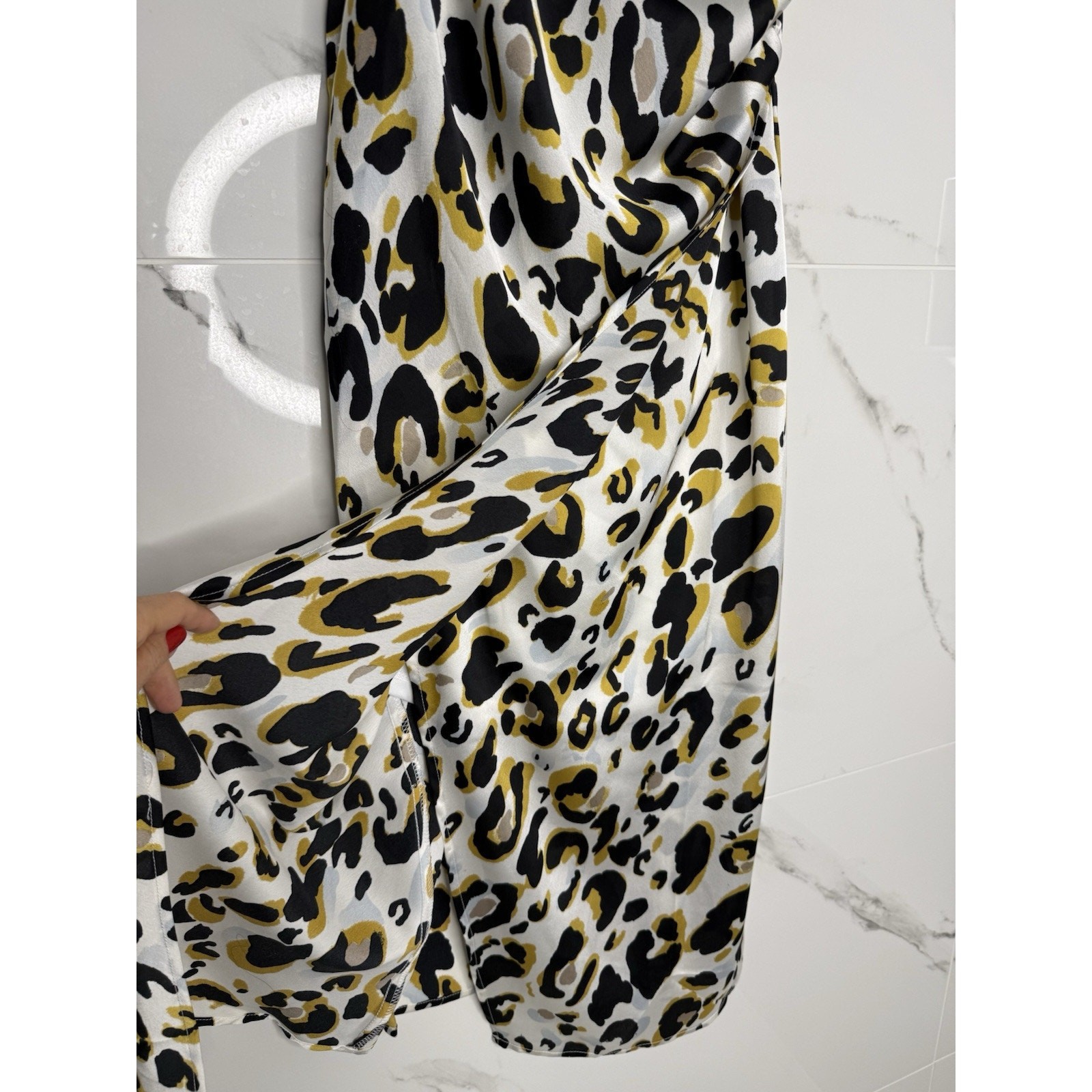 Leopard Print Slip Dress Midi Spaghetti Strap Faux Wrap M NWOT Cowl Neck