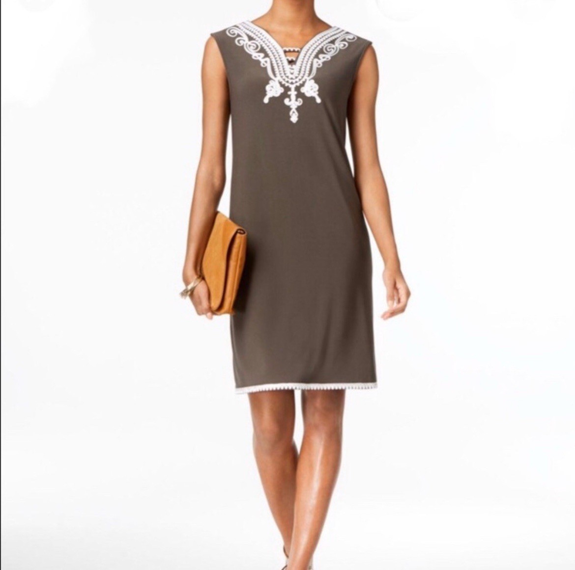ALFANI Petite Graphic Soutache Trim V-Neck Sleeveless Shift Dress, PXS Olive